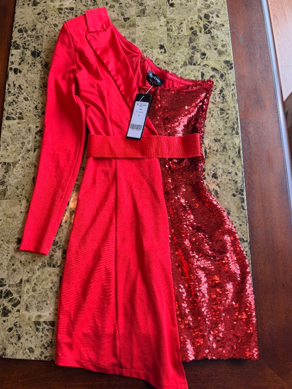 Bebe red one shoulder sequin dress.